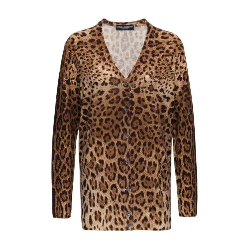 Dolce & Gabbana , Animalier Cashmere Cardigan ,Brown female, Sizes: