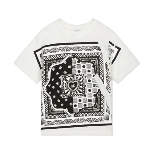 Dolce & Gabbana , Bandana-Print Cotton T-Shirt for Boys ,White male, Sizes: