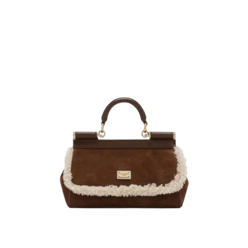 Dolce & Gabbana , Beige Fur Trimmed Brown Suede Sicily Handbag ,Brown female, Sizes: ONE SIZE