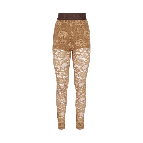 Dolce & Gabbana , Beige High Waist Trousers with Logo ,Beige female, Sizes: