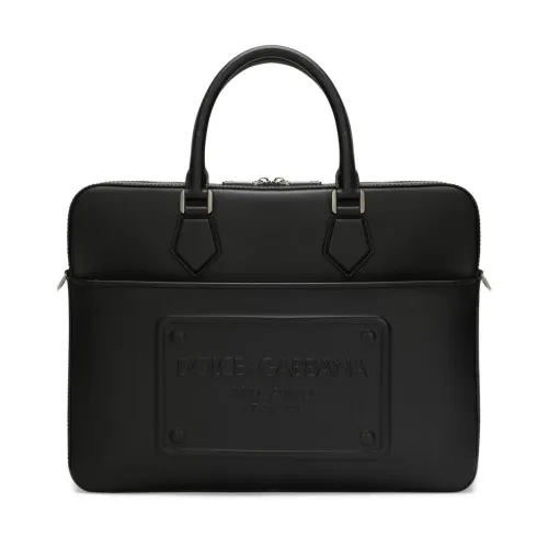 Dolce & Gabbana , Black Calfskin Briefcase with Logo Plate ,Black male, Sizes: ONE SIZE
