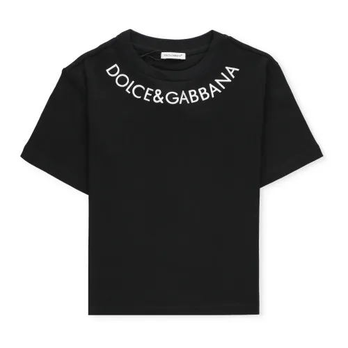 Dolce & Gabbana , Black Cotton T-shirt for Girls with Embroidered Logo ,Black female, Sizes: