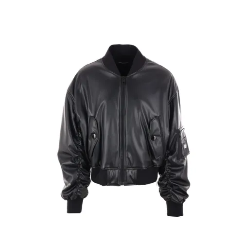Dolce & Gabbana , Black Eco-Leather Bomber Jacket with Ribbed Trims ,Black male, Sizes: