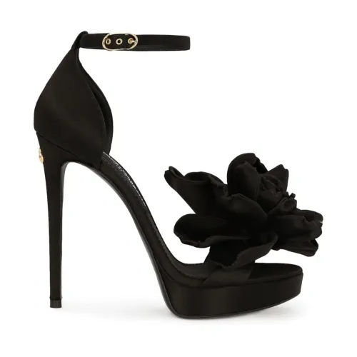 Dolce & Gabbana , Black Floral-Appliqué Sandals ,Black female, Sizes: