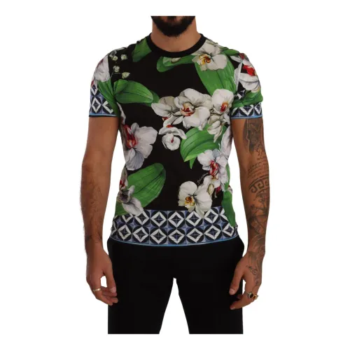 Dolce & Gabbana , Black Floral Print Crewneck T-shirt ,Multicolor male, Sizes:
