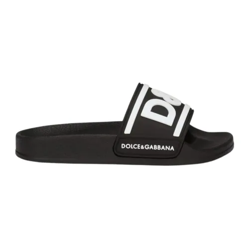 Dolce & Gabbana , Black Kids Slides with Logo Print ,Black male, Sizes:
