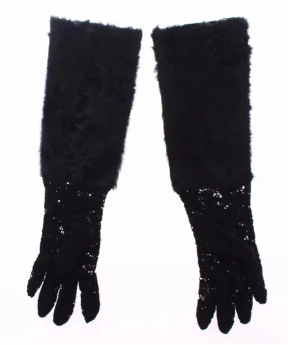 Dolce & Gabbana Black Lace Wool Lambskin Fur Elbow WoMens Gloves