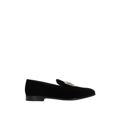 Dolce & Gabbana , Black Leather Flat Shoes with Metal Logo ,Black male, Sizes: