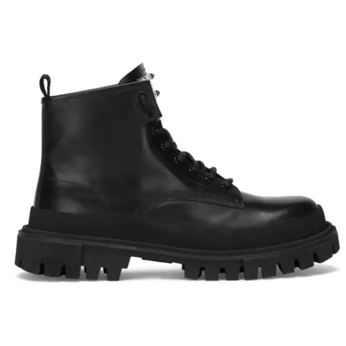 Dolce & Gabbana , Black Leather Lace-Up Ankle Boots ,Black male, Sizes: