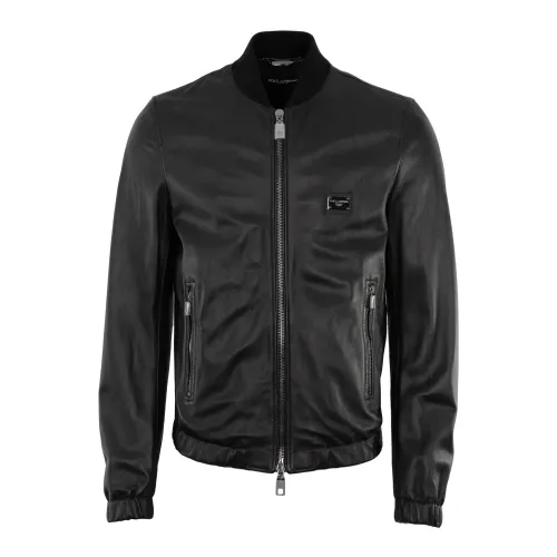 Dolce & Gabbana , Black Leather Mens Jacket Branded ,Black male, Sizes: