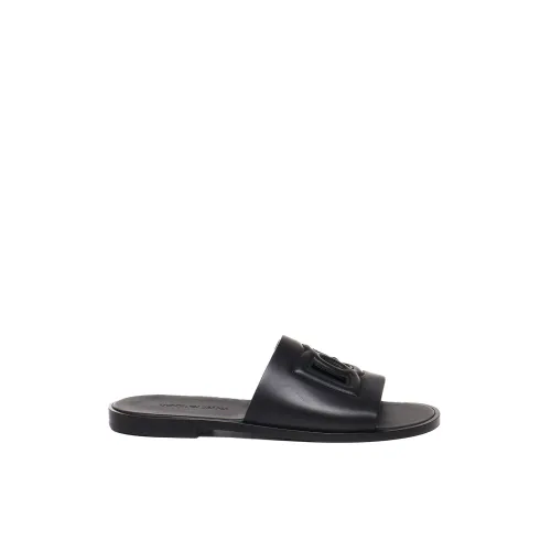 Dolce & Gabbana , Black Leather Slide Sandals ,Black male, Sizes: