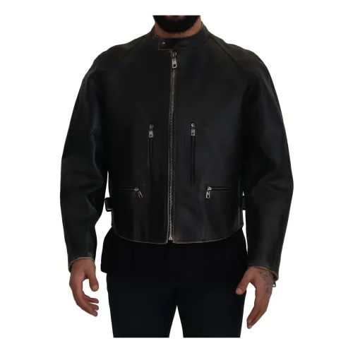 Dolce & Gabbana , Black Leather Zipper Biker Coat Jacket ,Black male, Sizes: