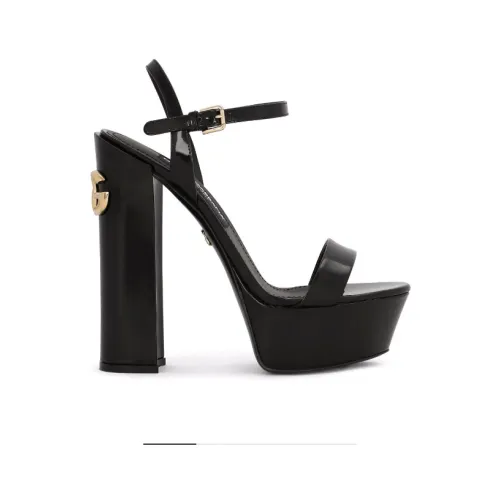 Dolce & Gabbana , Black Patent Leather Logo-Plaque Platform Sandals ,Black female, Sizes: