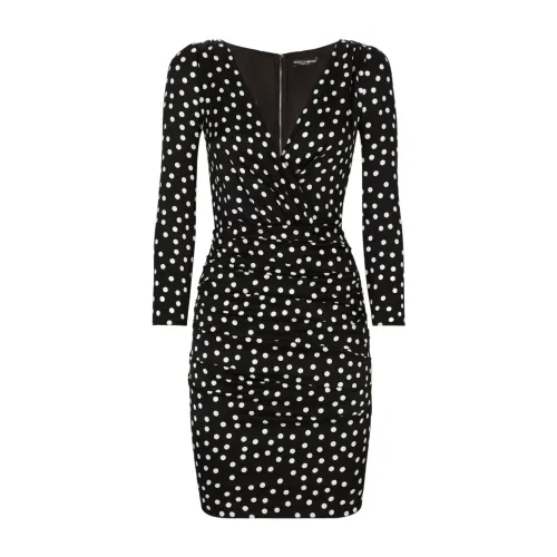 Dolce & Gabbana , Black Polka Dot Dress with Draped Detailing ,Black female, Sizes: