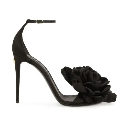 Dolce & Gabbana , Black Satin Flower Sandals ,Black female, Sizes: