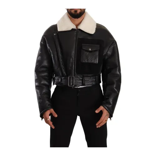 Dolce & Gabbana , Black Shearling Biker Jacket ,Black male, Sizes: