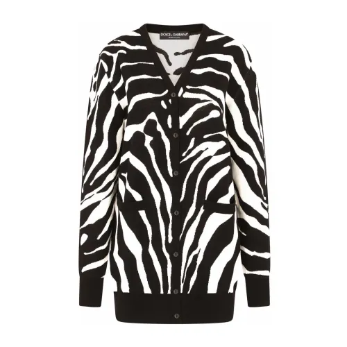 Dolce & Gabbana , Black Zebra Print Sweaters with V-Neck and Button Front ,Black female, Sizes: