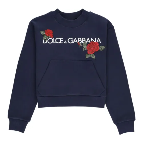 Dolce & Gabbana , Blue Cotton Sweatshirt with Rose Design ,Blue male, Sizes: