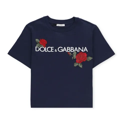 Dolce & Gabbana , Blue Cotton T-shirt for Boys with Printed Logo ,Blue male, Sizes: