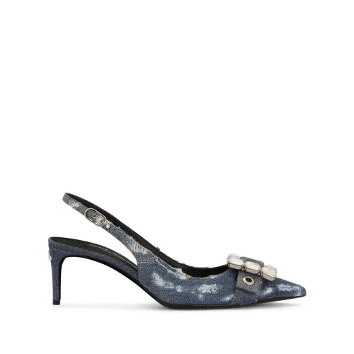 Dolce & Gabbana , Blue Distressed Denim Pointed-Toe Pumps with Crystal Embellishment ,Blue female, Sizes: