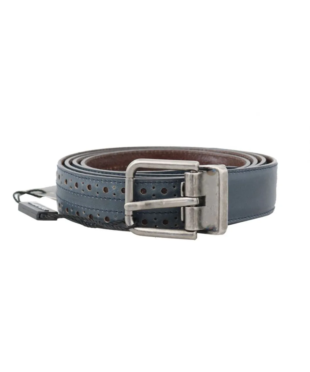 Dolce & Gabbana Blue Perforated Leather Gray Buckle Mens Belt