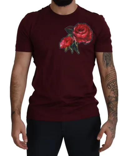 Dolce & Gabbana Bordeaux Roses Cotton Crewneck Mens T-shirt - Purple