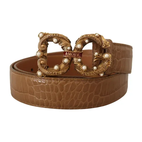 Dolce & Gabbana , Crocodile Pattern Leather Logo Amore Belt ,Brown female, Sizes: