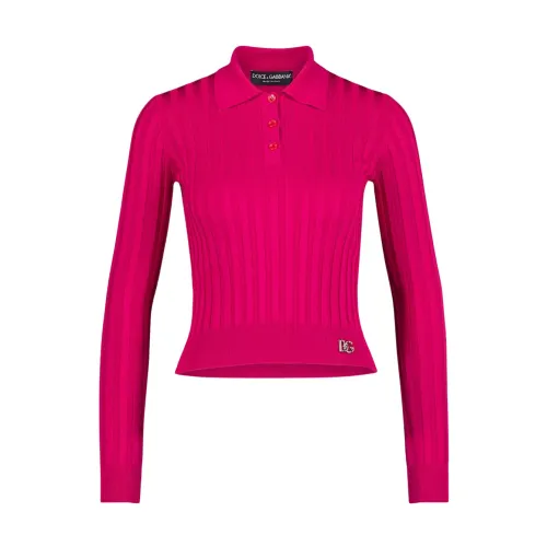 Dolce & Gabbana , Cropped Polo Shirt In Ribbed Silk ,Pink female, Sizes: