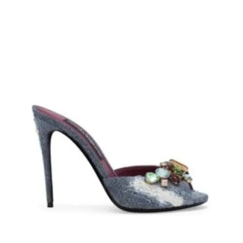 Dolce & Gabbana , Crystal-Embellished Distressed Denim Mules ,Gray female, Sizes: