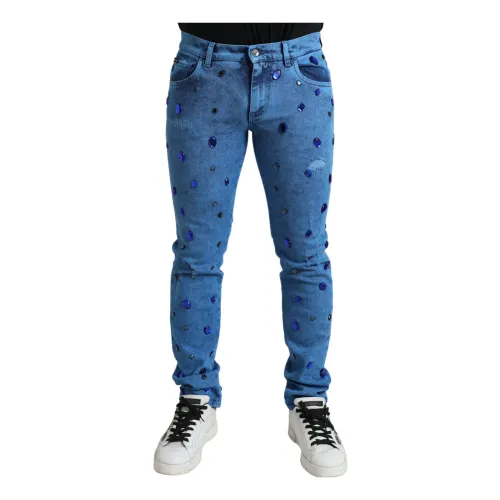 Dolce & Gabbana , Crystal Embellished Skinny Denim Jeans ,Blue male, Sizes: