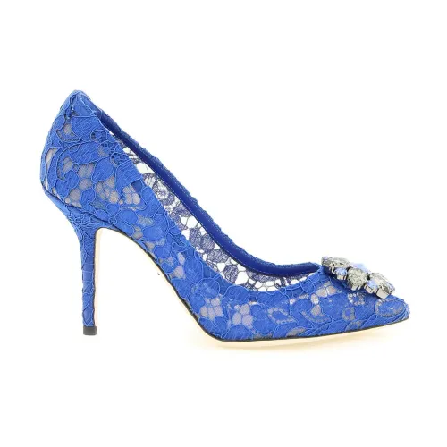 Dolce & Gabbana , Elegant Lace Heels with Jewel Embellishment ,Blue female, Sizes: