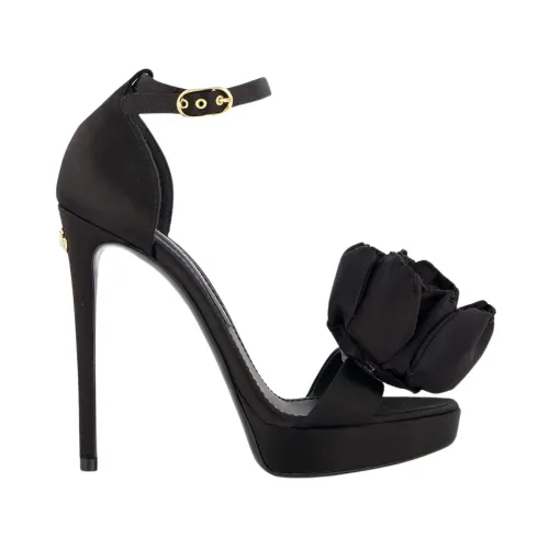 Dolce & Gabbana , Floral Appliqué Satin Platform 105mm Sandals ,Black female, Sizes: