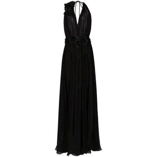 Dolce & Gabbana , Floral-Detail Pleated Silk Dress ,Black female, Sizes:
