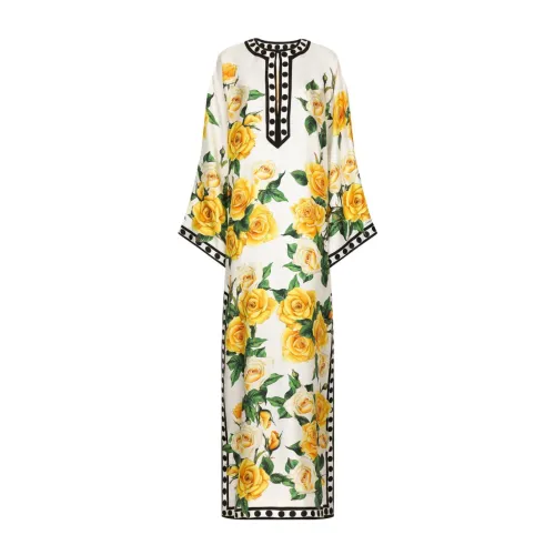 Dolce & Gabbana , Floral Kimono Dress with Black Embroidery ,Yellow female, Sizes: