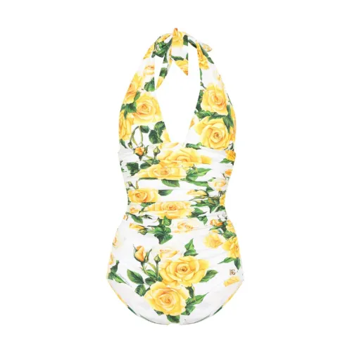 Dolce & Gabbana , Floral Print Halterneck Swimsuit ,White female, Sizes: