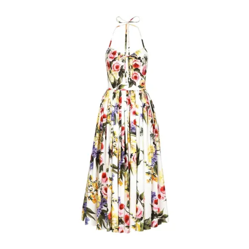 Dolce & Gabbana , Floral Print Midi Dress with Open Back ,White female, Sizes: