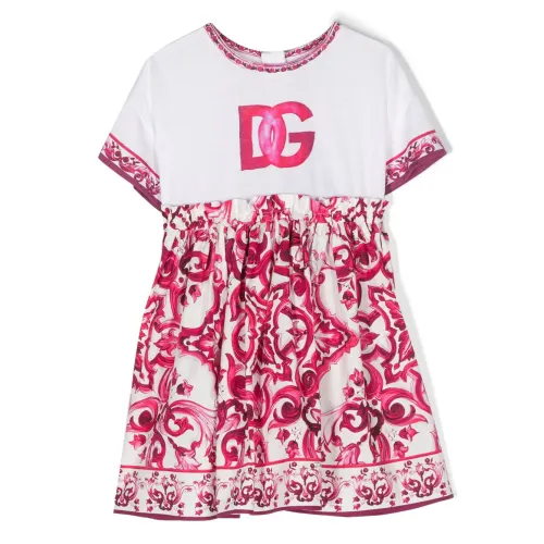 Dolce & Gabbana , Fuchsia Flared Dress with Majolica Print ,Pink female, Sizes: