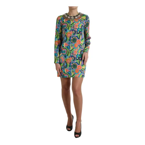 Dolce & Gabbana , Geometric Print Crystal Embellished Midi Dress ,Multicolor female, Sizes: