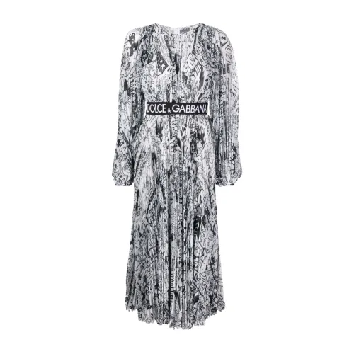 Dolce & Gabbana , Graffiti-Logo Pleated Dress ,White female, Sizes:
