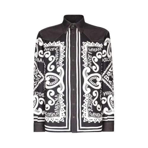 Dolce & Gabbana , Graphic Print Denim-Trim Shirt ,Black male, Sizes: