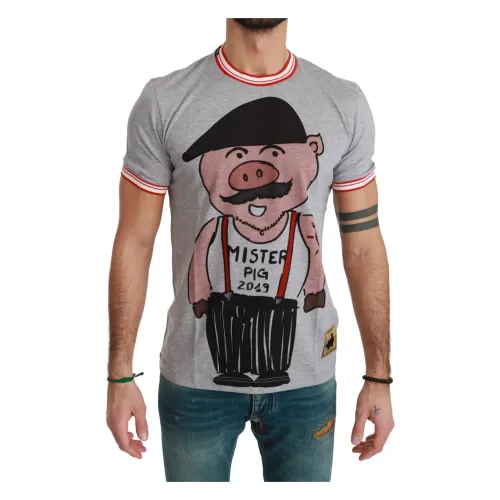 Dolce & Gabbana , Gray Cotton Top 2019 Year of the Pig T-shirt ,Gray male, Sizes: