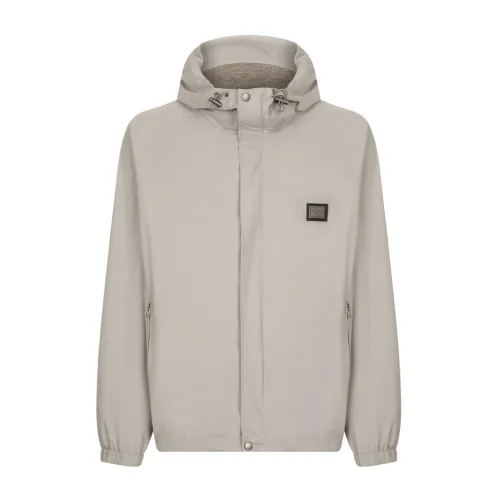 Dolce & Gabbana , Grey Coats with Logo Plaque and Drawstring Hood ,Gray male, Sizes:
