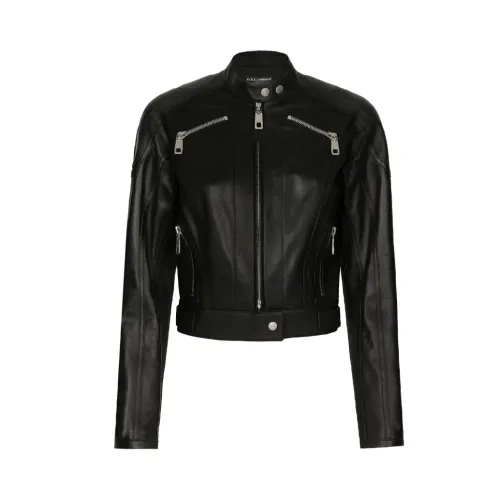 Dolce & Gabbana , Jet Black Leather Biker Jacket ,Black female, Sizes: