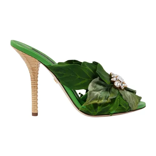 Dolce & Gabbana , Jungle Leaf Satin Mules with Crystals ,Green female, Sizes: