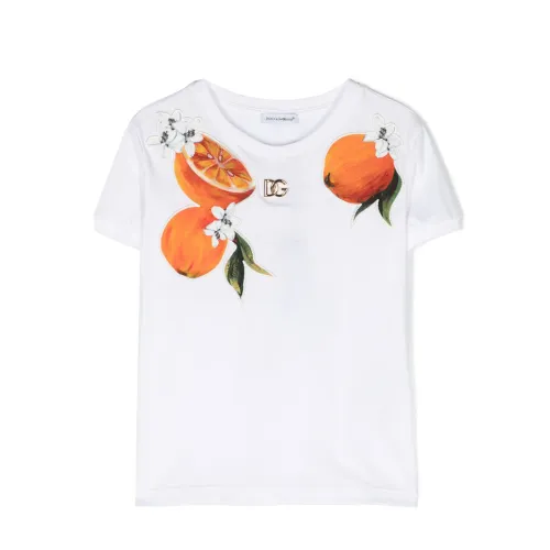 Dolce & Gabbana , Kids Orange Print T-shirt White ,White female, Sizes: