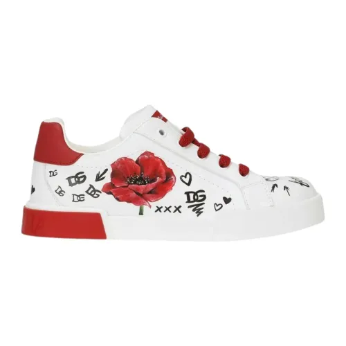 Dolce & Gabbana , Kids Sneakers with Poppy Print and Logo ,Red female, Sizes: