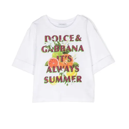 Dolce & Gabbana , Kids T-shirt with Logo and Floral Print ,White female, Sizes: