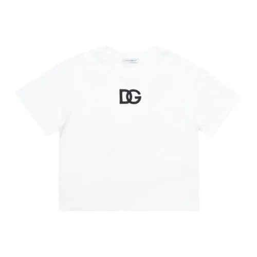 Dolce & Gabbana , Kids White Cropped T-shirt with Embroidered Logo ,White female, Sizes:
