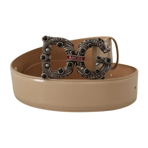 Dolce & Gabbana , Leather Silver Logo Buckle Amore Belt ,Beige unisex, Sizes: