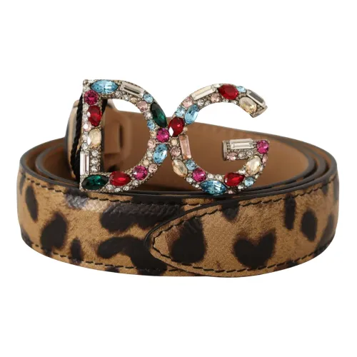 Dolce & Gabbana , Leopard Leather Crystal Buckle Belt ,Brown female, Sizes: